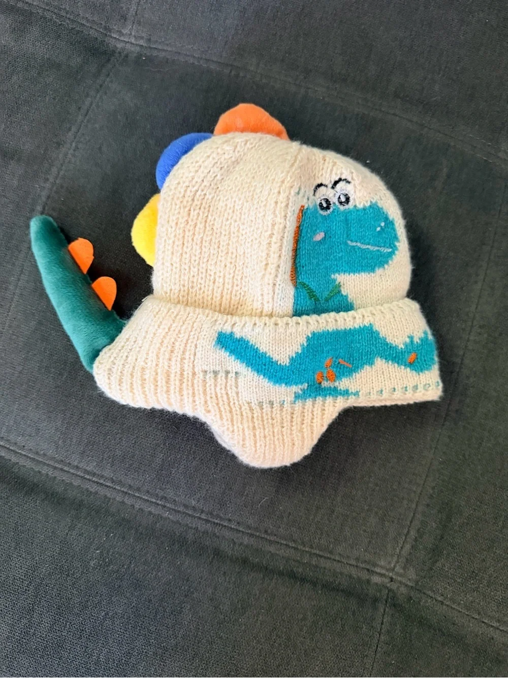 Cream Knit infant Dinosaur Hat with Blue Dino Accent